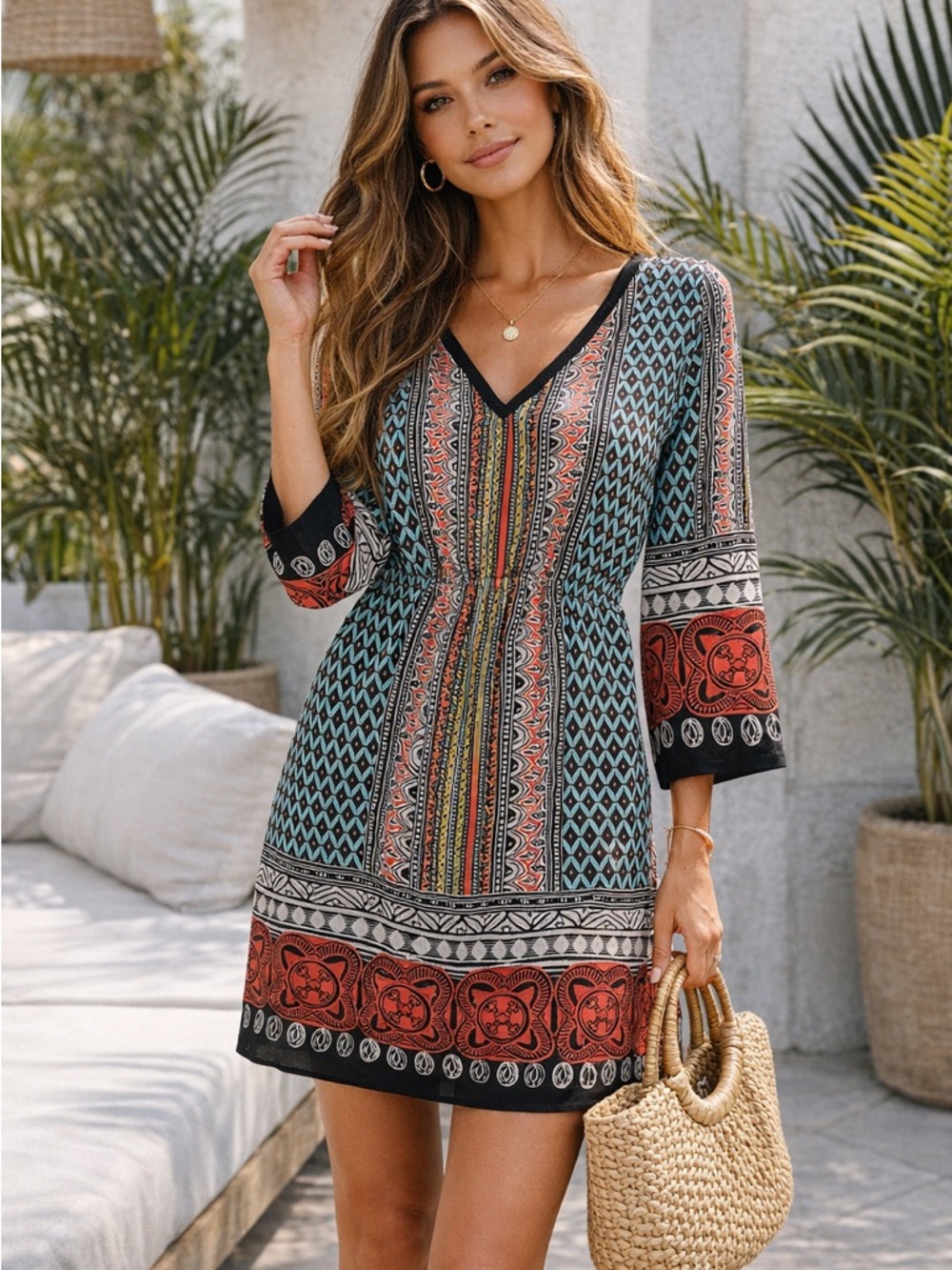 Boho Tribal Print Mini Dress Tunic Small Made USA 3/4 Sleeve Resort